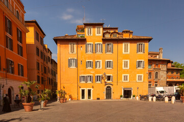 Traditional architecture and street view of a piazza in Trastevere district in Rome, Italy