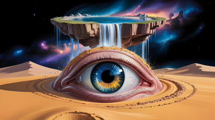 Surreal digital artwork eye landscape floating island waterfall cosmic sky dreamlike scene