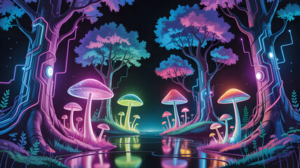 Surreal glowing mushroom forest illuminated by neon lights and mystical aurora hues