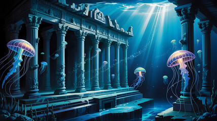 Surreal underwater ancient temple with ethereal beings and mystical light beams