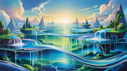 Surreal digital artwork of a fantastical landscape with floating islands and waterfalls