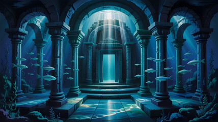 Surreal ancient temple interior with ethereal light beams and mystical atmosphere