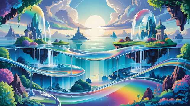 Surreal digital landscape with cascading waterfalls and vibrant ethereal cityscapes under a luminous sky - Powered by Adobe