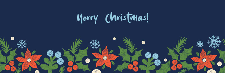 Christmas Seamless border. Crayon floral background with Flower red poinsettias, berries and snowflakes on blue. New Year horizontal poster. Textured Hand-Drawn Doodle. Vector illustration. Not AI