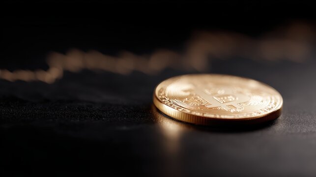 golden bitcoin coin over dark financial chart background, cryptocurrency investment concept