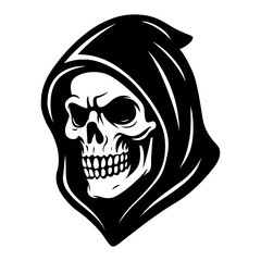 Grim Reaper Skull Vector Illustration – Black and White Hooded Skeleton Head for Tattoo, Gothic, and Horror Design