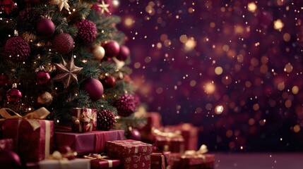 Beautiful Christmas tree decorated with ornaments and gifts under a starry night sky