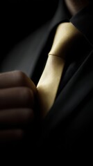 businessman in black suit adjusting golden tie, symbol of confidence and success
