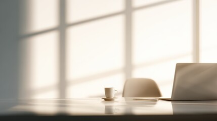 Obraz premium modern office interior with sunlight through large windows, minimalist furniture, laptop and coffee cup on desk, productivity and creative workspace concept