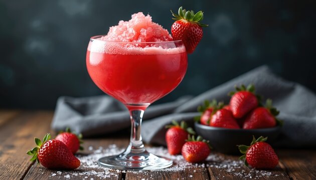 Frozen strawberry daiquiri in curved glass garnished with fresh strawberries, crushed ice. Vibrant red beverage with condensation on glass. Perfect thirst quencher for summer parties, nightlife, - Powered by Adobe
