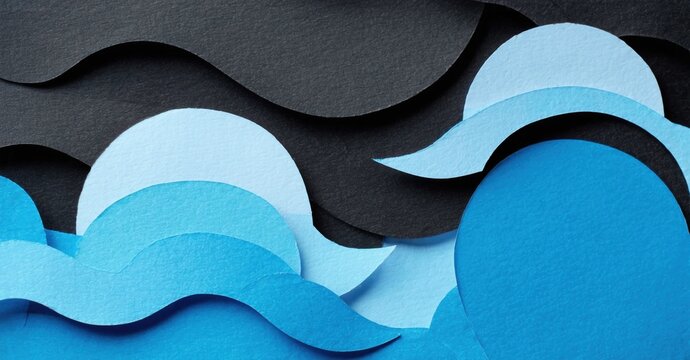 Abstract paper waves, blue shades against dark backdrop. Layered design creates depth, simple yet striking visual.