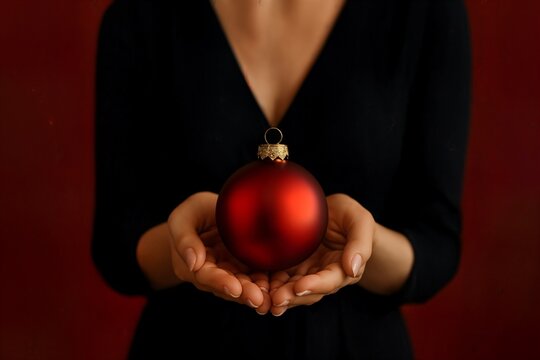 Woman in black dress holding red Christmas ornament in hands on dark red background, elegant festive still life with warm lighting.