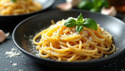 Delicious al dente spaghetti pasta with garlic oil black pepper grated cheese and fresh basil. Italian cuisine dinner served on black plate. Homemade tasty meal, culinary art.