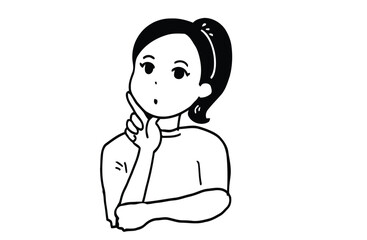 thinking, woman, girl, person, female, contemplation, idea, question, doubt, confusion, pensive, pondering, decision, curious, curiousity, gesture, hand, chin, face, expression, isolated, white backgr