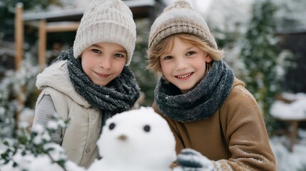 Young kids building a snowman in a snowy garden with scarves and hats, emotion of fun and teamwork visible, representing outdoor holiday play, winter festivities, and seasonal family bonding.
