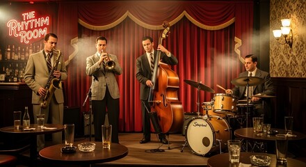 A sharp jazz quartet performing in a classic, dimly lit "Rhythm Room" club, exuding a timeless cool and sophisticated musical ambiance