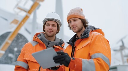 Two engineers in bright safety gear standing near turbine base surrounded by heavy snow, using holographic maintenance tablet — concept representing teamwork, AI-powered diagnostics, sustainable