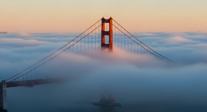The iconic Golden Gate Bridge emerging majestically from thick fog at sunrise, creating an ethereal and dramatic San Francisco landscape