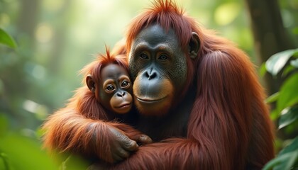 Mother orangutan holds baby cub close in jungle habitat. Portrait of endangered primates tender moment between hairy mammals, bond in wild. Orange fur stands out against green foliage.