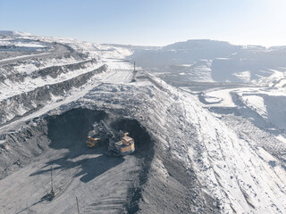 Aerial view Open pit coal mine operations with heavy machinery truck and excavation