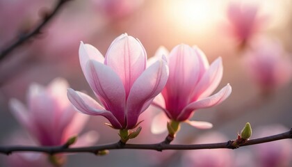 Magnolia blossoms in full bloom with soft pink petals. Focus on the flower texture, spring season, botanical beauty, delicate flower bud and branch. Floral design for nature enthusiasts.
