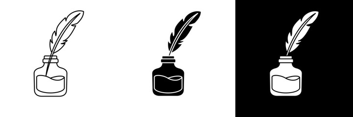 Minimalist vector illustration of a quill pen dipped in an ink bottle. The design features color, black, and white versions, ideal for vintage writing, calligraphy, education, etc.