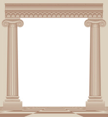 Obraz premium A frame with classic antique columns in brown and beige tones on a checkerboard floor in perspective. Vector illustration in vintage engraving style