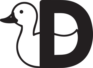 Duck letter D illustration – white duck silhouette fused with bold black typography for animal branding, educational design, and creative alphabet visuals.