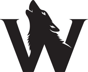 Howling wolf-W monogram – black silhouette with fierce head and raised snout integrated into bold letter for primal branding, gaming, and identity design.