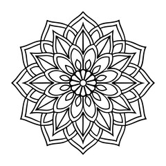 Intricate Adult Floral Coloring Book Style Black and White Mandala with Geometric Symmetry