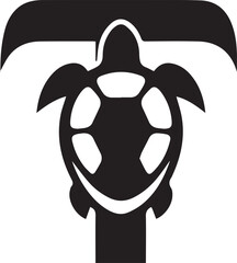 Turtle-T monogram – black silhouette with geometric shell integrated into capital letter for minimalist branding, nature themes, and identity design.