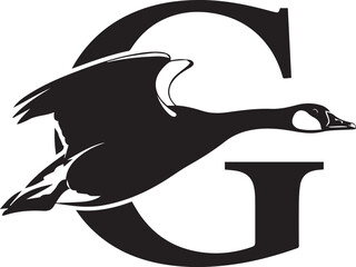 Flying goose-G monogram – bold black silhouette with integrated bird and letter design for minimalist branding, nature themes, and identity graphics.