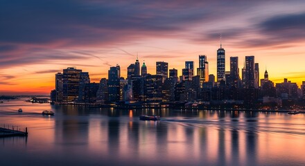 Fototapeta premium Manhattan skyline at vibrant sunset with dramatic purple sky reflected in water, stunning New York City urban landscape panoramic view