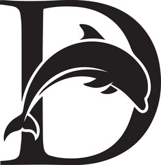 Minimalist letter “D” with dolphin silhouette – black-and-white emblem merging bold typography and marine elegance for branding, ocean themes, and creative identity design.