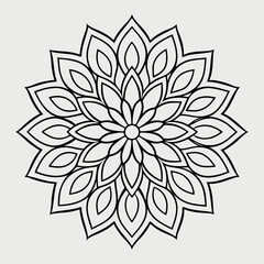 Intricate adult floral coloring book style symmetrical floral mandala with paisley and lotus motifs in elegant thin-line black and white vector art