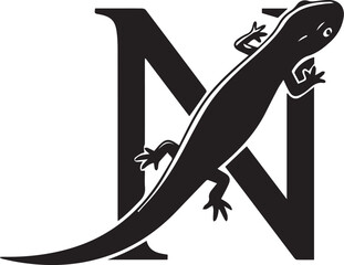 Minimalist letter “N” with lizard silhouette – black-and-white emblem blending bold typography and nature for branding, wildlife themes, and creative identity design.