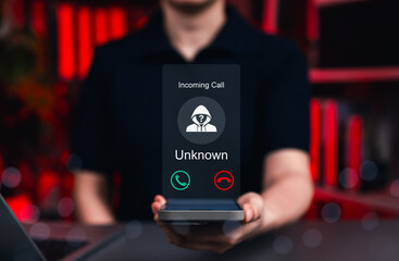 Fraud and Phishing Concept with Unknown Caller Alert. A phone displaying an incoming call from an unknown number, symbolizing fraud, phishing, and spam call warnings. scammer or stranger, Prank caller
