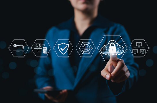 Cloud Security and Data Protection Concept. Businessperson touches icon of cloud with lock, symbolizing secure cloud computing, data encryption, cybersecurity, and digital infrastructure protection. - Powered by Adobe