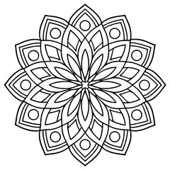 Intricate adult floral coloring book style complex mandala with paisley and floral geometry in high-precision symmetrical black and white vector line art