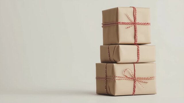 Stack Of Wrapped Gift Boxes With Red Strings On Neutral Background. Christmas Present Concept