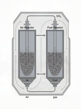 Chemical Looping Combustion (CLC) process diagram with two interconnected fluidized bed reactors: Air Reactor and Fuel Reactor, separating CO2 from flue gas.