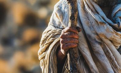 Close-up of hand holding wooden staff in biblical-style robe