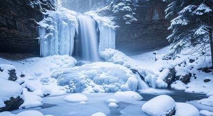 Majestic frozen waterfall cascades through a serene, snow-covered winter forest.