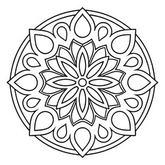 Intricate adult floral coloring book style advanced mandala with ultra-detailed circular symmetry and floral vine motifs in thin-line black vector art