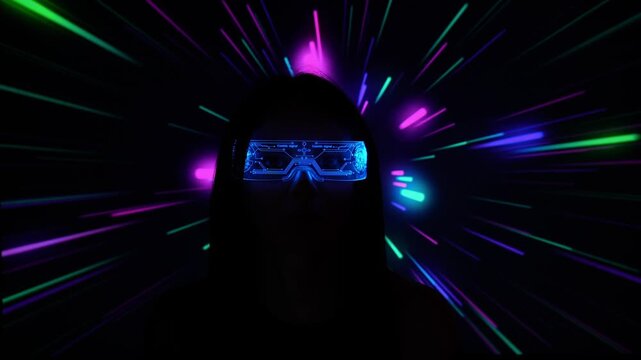 Caucasian woman wearing cyber glasses with blue lights looking at the camera. Cosmic background. Close-up