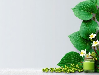 Houttuynia cordata from the side against a light, solid-color background with a cosmetic jar. A horizontal banner advertising Korean natural cosmetics.