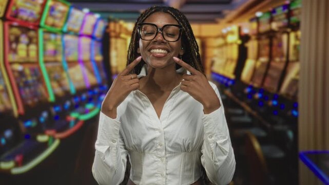 Woman points finger to smile beside slot machines in building casino, braided hair and glasses, white cropped shirt visible under warm neon lights; joy luck winning.