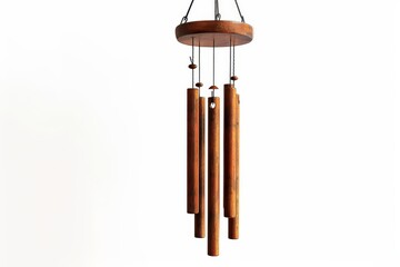 Harmony in Wood: A unique wind chime, meticulously crafted from natural wood, hangs serenely, ready to fill the air with gentle melodies. The design is simple.