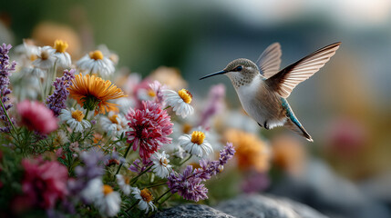 Fototapeta premium Kolibri im Flug zwischen bunten Blüten – Symbol für Leichtigkeit und Leben