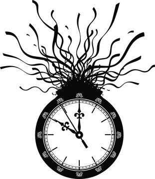 Abstract illustration of a clock exploding with energetic lines representing time